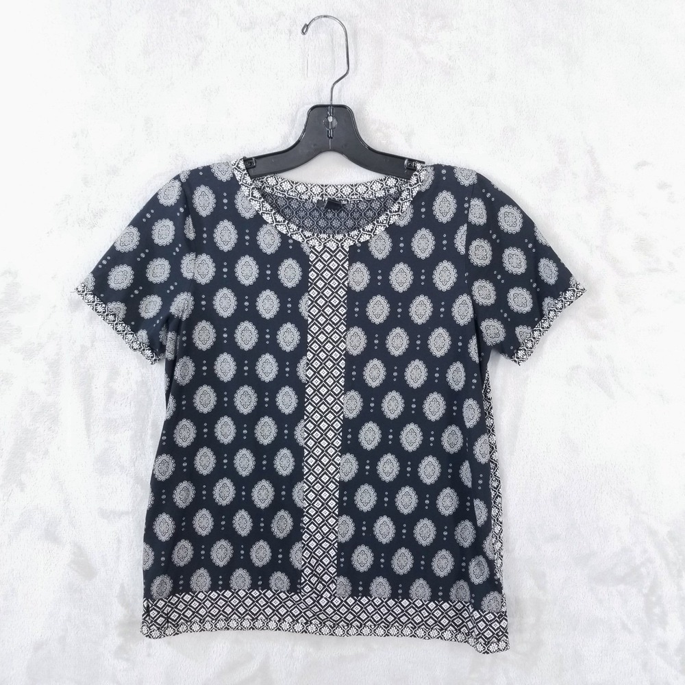J. Crew Top Womens XS Black White 100% Cotton Short Sleeve Medallion‎ Tile Print